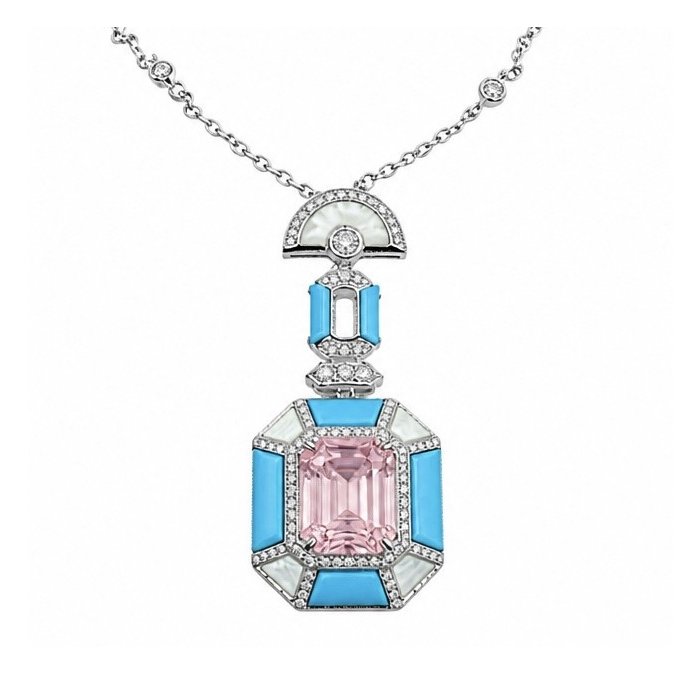 Emily - Art Deco - Precious genuine 8.4 carat Kunzite inlay Turquoise .925 Sterling Silver handcrafted necklace - video