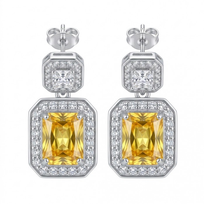 Art Deco - Luxurious baquette cut 8.5 carat Yellow Sapphire rhodium over .925 Sterling Silver handcrafted earrings