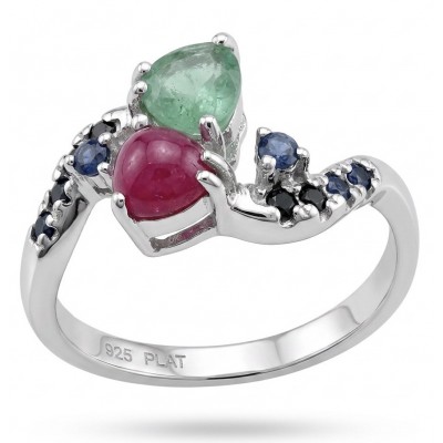Blooming Garden 3.8 carat Mozambique Ruby Aquamarine rhodium over .925 Sterling Silver handmade Statement Ring size 8