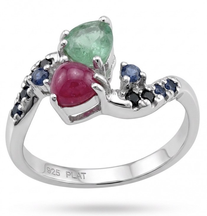 Blooming Garden 3.8 carat Mozambique Ruby Aquamarine rhodium over .925 Sterling Silver handmade Statement Ring size 8