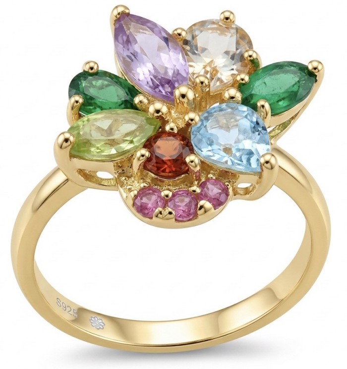 Flower 5.8 carat Multigem 18K Gold over .925 Sterling Silver Handcrafted Ring size 7