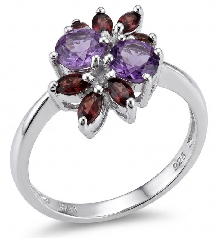 Flower 5.4 carat Amethyst rhodium over .925 Sterling Silver Handcrafted Ring size 9