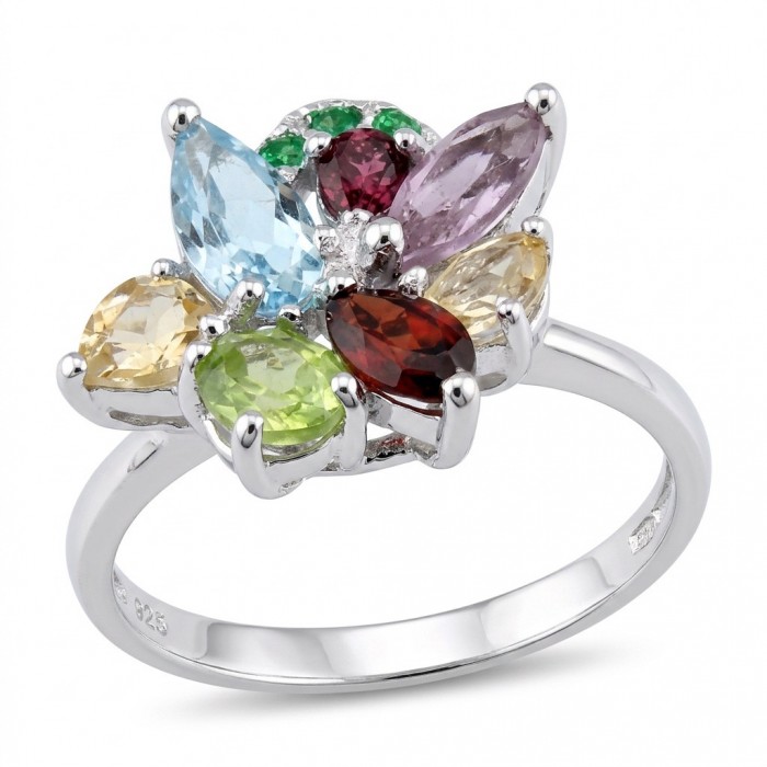 Flower 5.8 carat Multigem rhodium over .925 Sterling Silver Handcrafted Ring size 7