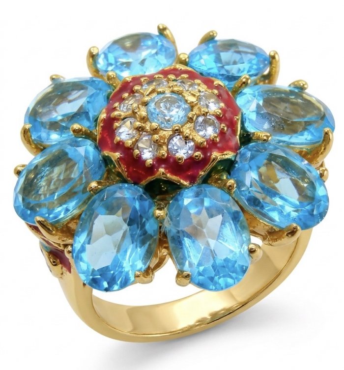Enchanted Flower 25.3 carat Swiss Blue Topaz .925 Sterling Silver dipped in 22K Gold handcrafted ring size 7 1/4 - video