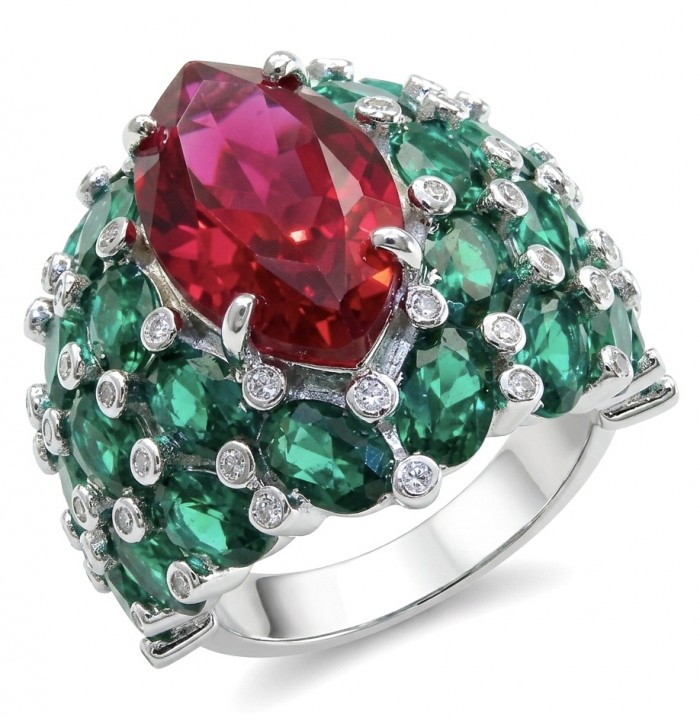 Giovanna 28.6 carat Ruby Emerald .925 Sterling Silver dipped rhodium handmade Huge Statement Ring size 8