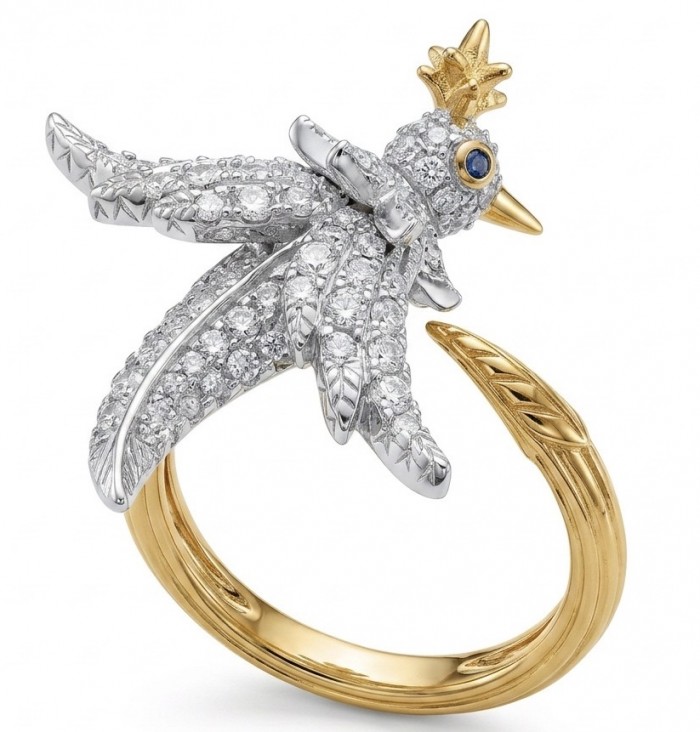 Precious Bird 0.2 carat Ruby Eyes .925 Sterling Silver dipped in real 18K Gold Gold handmade Ring size 8