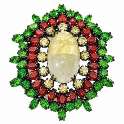 Giovanna 32.2 carat Golden Rutilated Quartz black rhodium over .925 Sterling Silver handmade Pendant - Brooch