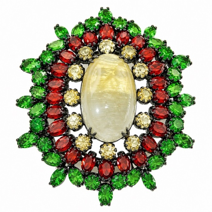 Giovanna 32.2 carat Golden Rutilated Quartz black rhodium over .925 Sterling Silver handmade Pendant - Brooch