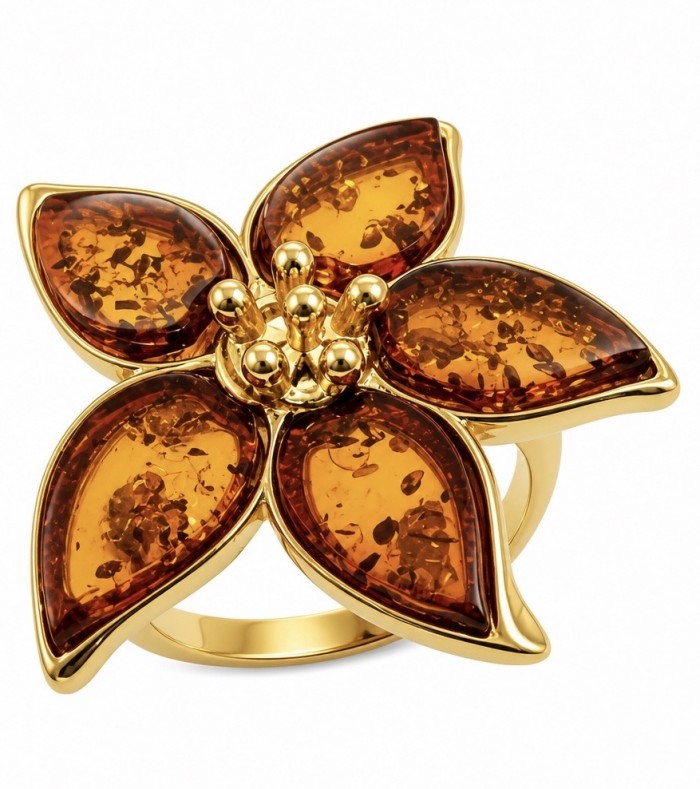 Golden Flower Authentic Baltic Amber 18K Gold over .925 Sterling Silver handcrafted ring; s. 7 adjustable