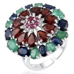 Giovanna 22.5 carat Emerald Ruby Sapphire rhodium over .925 Sterling Silver handcrafted ring size 8 1/2