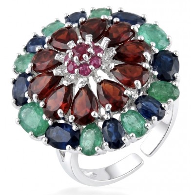Giovanna 22.5 carat Emerald Ruby Sapphire rhodium over .925 Sterling Silver handcrafted ring size 8 1/2