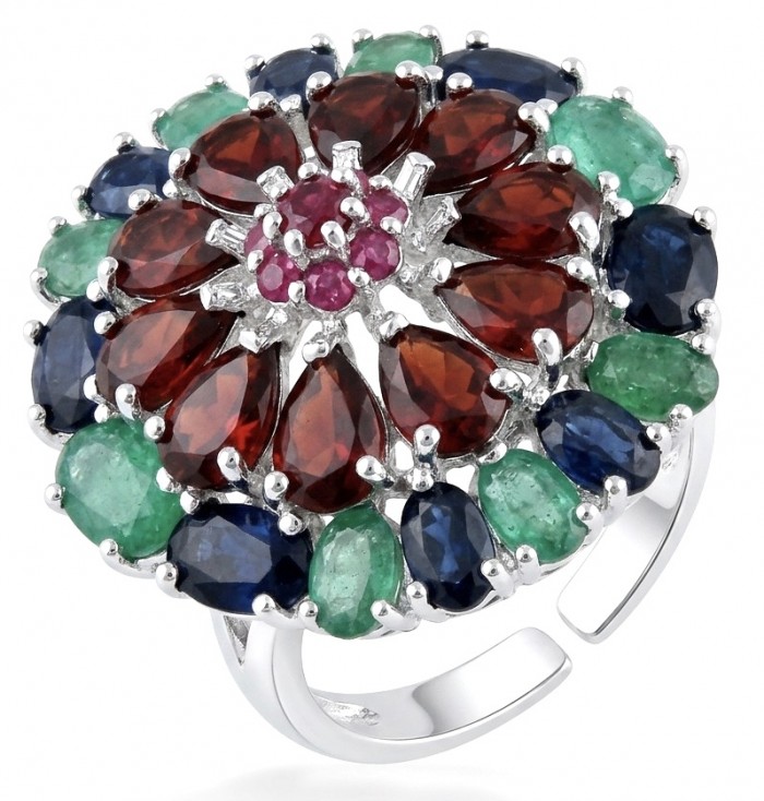 Giovanna 22.5 carat Emerald Ruby Sapphire rhodium over .925 Sterling Silver handcrafted ring size 8 1/2