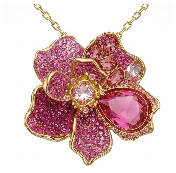 Wonderland 68.5 carat multicolor Pink Topaz 14K Gold over .925 Silver handcrafted Statement necklace brooch