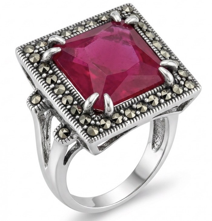 Carmen Natural asscher cut 14.7 carat Kashmir Ruby .925 Sterling Silver handmade Statement Ring size 8