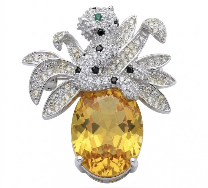 Yellow Cheetah authentic 12.5 carat yellow Sapphire .925 Sterling Silver Handcrafted pendant brooch