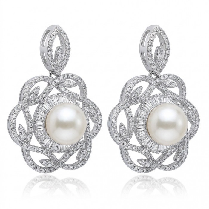 BLOOMING FLOWERS Genuine Pearl 0.2 CARAT lab grown Diamond rhodium over .925 Sterling Silver handcrafted Statement Earrings
