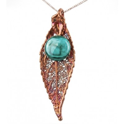 Stylish REAL Leaf dipped in Rose Gold 10.5 carat Malachite .925 Sterling Silver Pendant