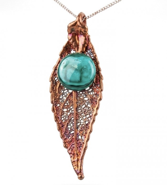 Stylish REAL Leaf dipped in Rose Gold 10.5 carat Malachite .925 Sterling Silver Pendant