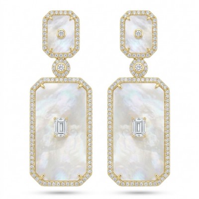 Genuine Blister Pearl lab grown Diamond 18K Gold over .925 Sterling Silver handcrafted Large Statement Earrings