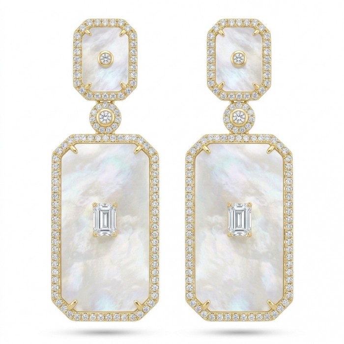Genuine Blister Pearl lab grown Diamond 18K Gold over .925 Sterling Silver handcrafted Large Statement Earrings