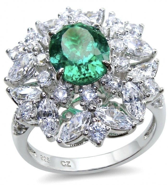 Elizabeth oval cut 4.8 carat Colombian Emerald 11.2 carat Moissanite .925 Sterling Silver dipped in Rhodium handcrafted Ring size 8