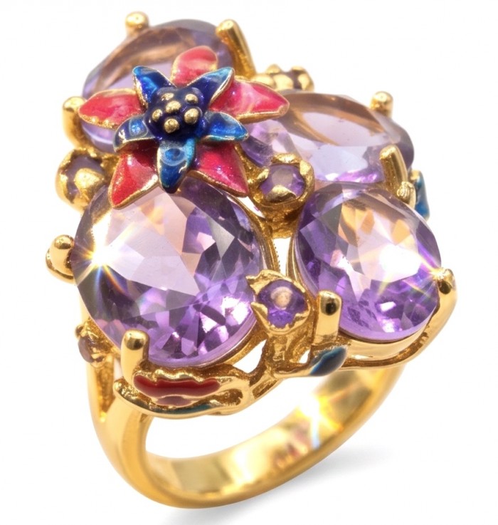 Lila Blossom 17.5 carat Pink Amethyst 22K Gold over .925 Silver handcrafted Cocktail Ring s. 6 3/4
