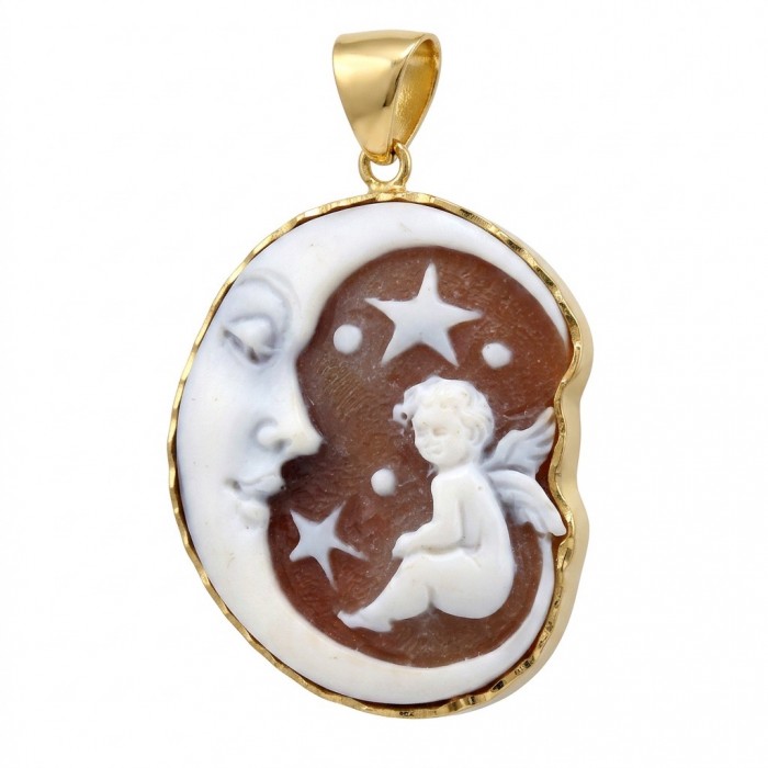Exquisite Little Angel Cameo from Sea Shell 18K Gold over .925 Sterling SilverMade in Italy Statement pendant