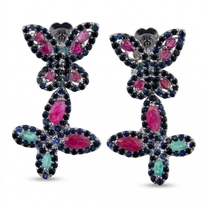 RARE BEAUTY! Valentina 28.2 carat Ruby Emerald Sapphire .925 Sterling Silver dipped in rhodium Statement handcrafted earrings