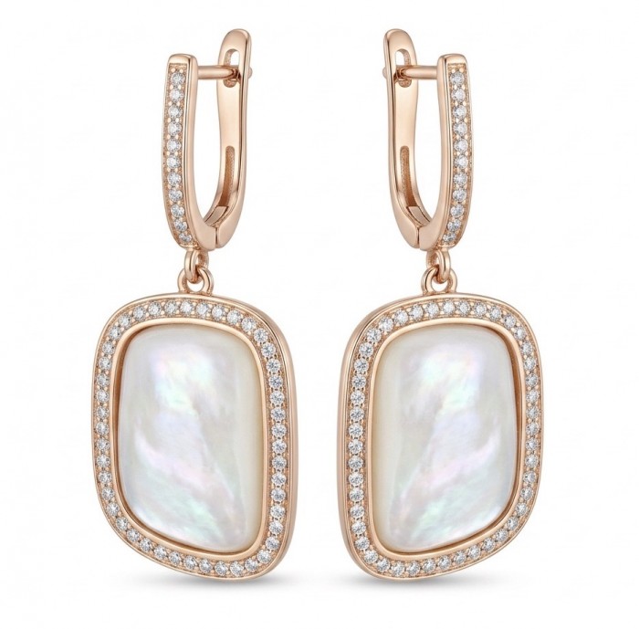 Genuine Blister Pearl lab grown Diamond 18K Rose Gold over .925 Sterling Silver handcrafted Statement Earrings