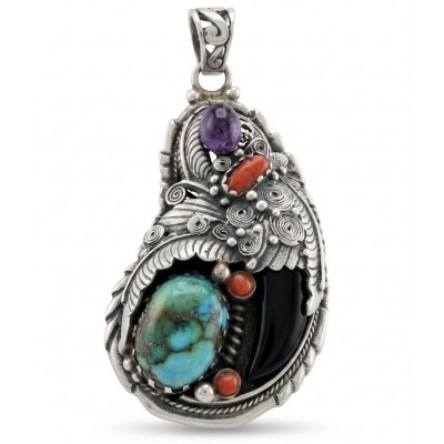 Go West - One of a kind - Morenci Turquoise fossilize Coral .925 Sterling Silver handmade pendant