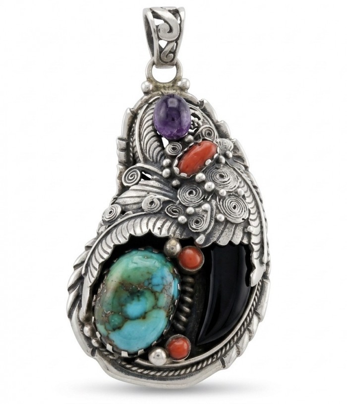 Go West - One of a kind - Morenci Turquoise fossilize Coral .925 Sterling Silver handmade pendant