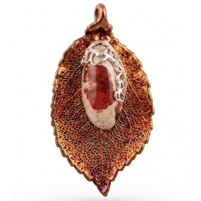 Stylish REAL Leaf dipped in copper Mexican Opal .925 Sterling Silver and Copper Pendant
