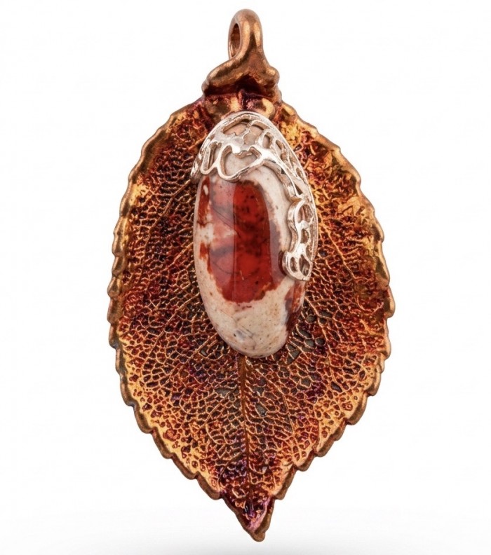 Stylish REAL Leaf dipped in copper Mexican Opal .925 Sterling Silver and Copper Pendant