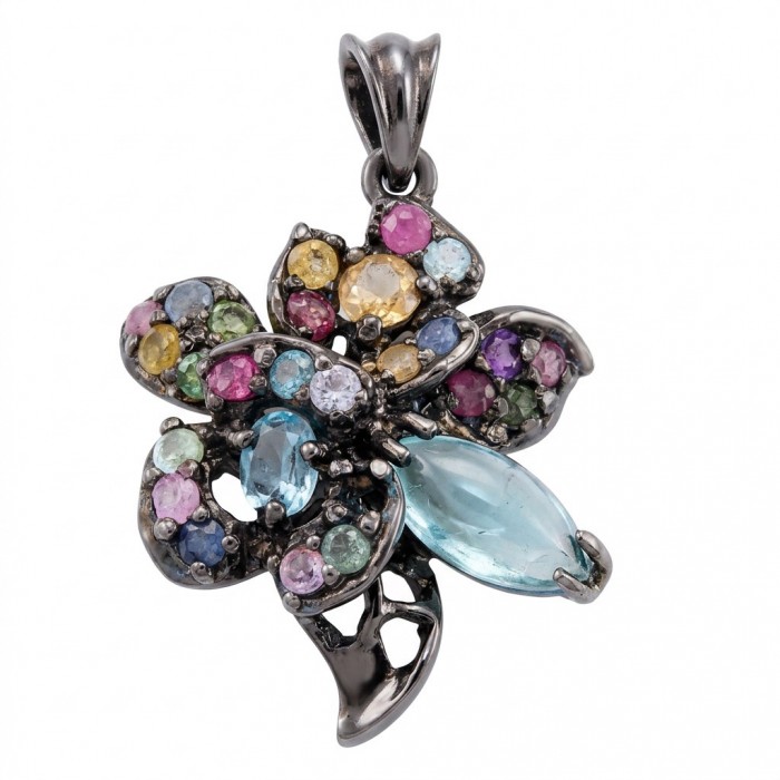 Colors of the Earth Precious 14.5 carat Multigem .925 Sterling Silver dipped in black rhodium Pendant