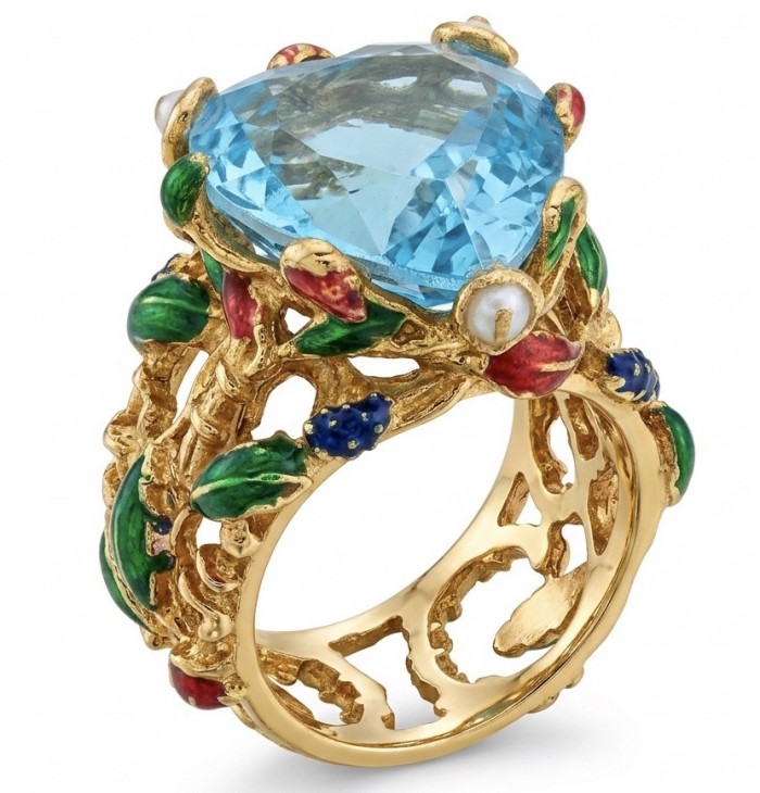Blue Heart Natural fancy cut 11.8 carat Swiss Blue Topaz Enamel .925 Sterling Silver dipped in 22K Gold handmade Statement Ring size 6