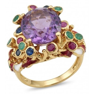 Melissa 17.5 carat Pink Amethyst Enamel 22K Gold over .925 Silver handcrafted Cocktail Ring s. 6 3/4