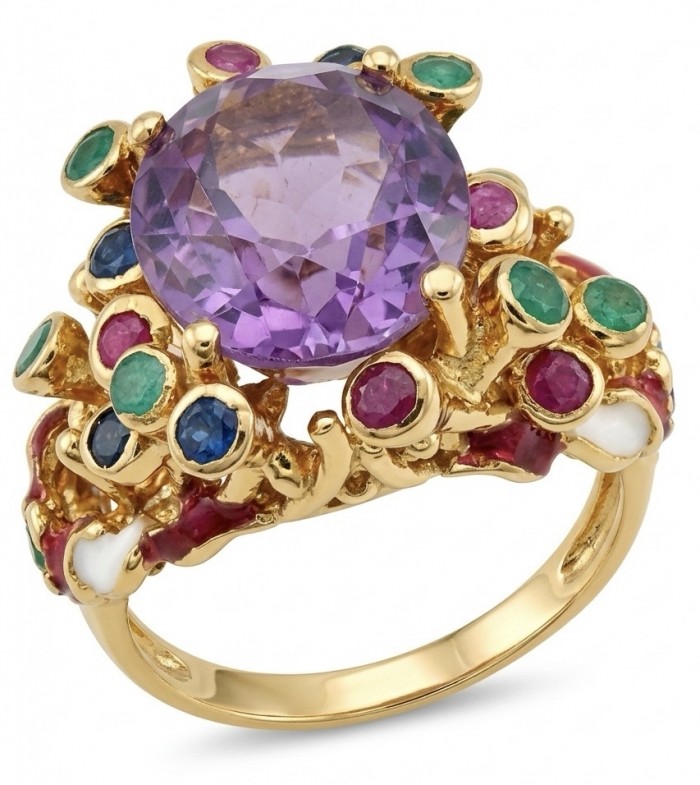 Melissa 17.5 carat Pink Amethyst Enamel 22K Gold over .925 Silver handcrafted Cocktail Ring s. 6 3/4