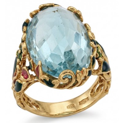 Nirvana Natural Fancy Rose cut 22.8 carat Swiss Blue Topaz .925 Sterling Silver dipped in 22K Gold handmade Statement Ring size 7 1/4
