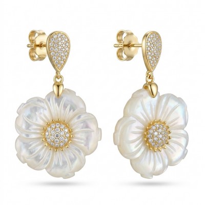 BLOOMING FLOWERS Genuine Blister Pearl 0.2 CARAT lab grown Diamond 18K Gold over .925 Sterling Silver handcrafted Statement Earrings
