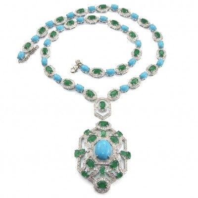 Art Deco - Pacifica - 98.4 carat Turquoise Emerald .925 Sterling Silver handmade Statement necklace; 22 inches long