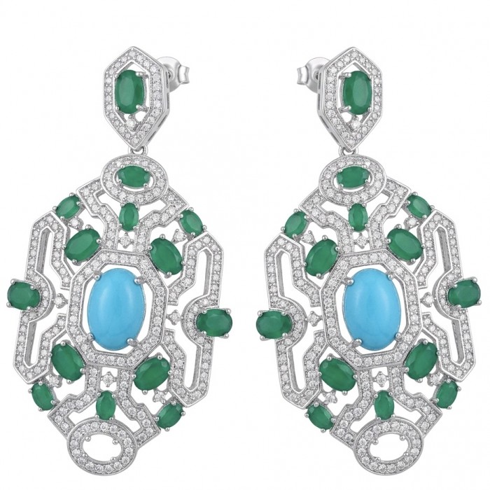 Art Deco - Pacifica - 58.8 carat Turquoise Emerald .925 Sterling Silver handmade Statement LONG Earrings