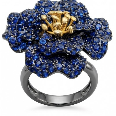 Blue Rose 22.5 carat Sapphire black rhodium over 18K Gold .925 Sterling Silver handcrafted ring size 8 1/2