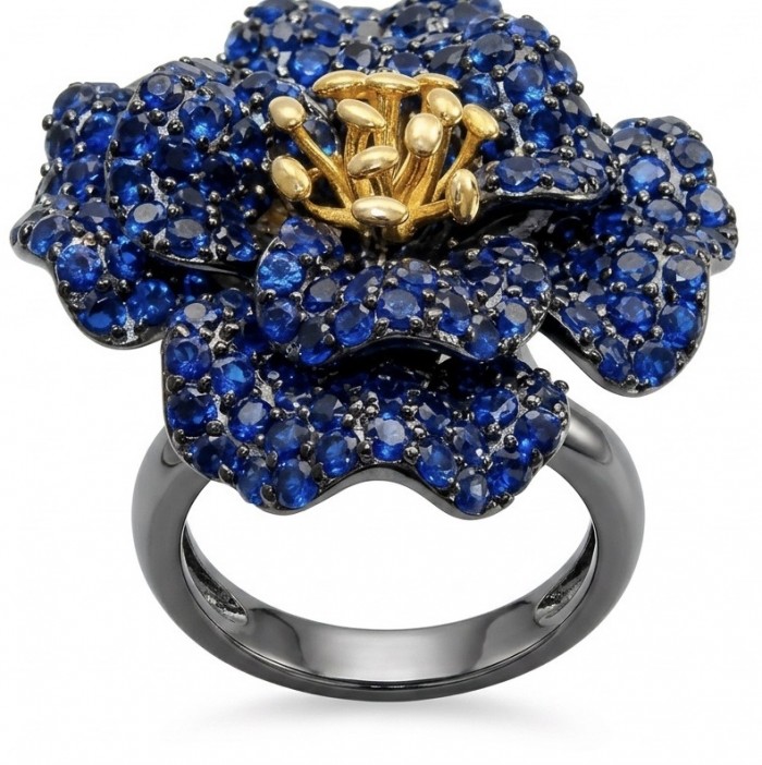 Blue Rose 22.5 carat Sapphire black rhodium over 18K Gold .925 Sterling Silver handcrafted ring size 8 1/2