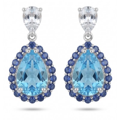 Atlantica 10.7 carat Swiss Blue Topaz .925 Sterling Silver dipped in Rhodium Handcrafted Statement earrings