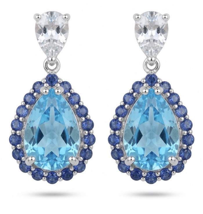 Atlantica 10.7 carat Swiss Blue Topaz .925 Sterling Silver dipped in Rhodium Handcrafted Statement earrings