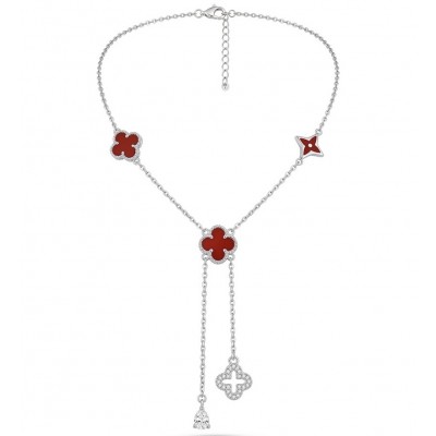 Outstanding 20 inches long Carnelian Lucky Four Leaf Clover .925 Sterling Silver necklace