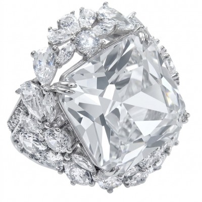 Asscher cut 25.2 carat White Topaz rhodium over .925 Silver handcrafted Cocktail Ring s. 7 1/4