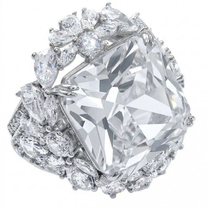 Asscher cut 25.2 carat White Topaz rhodium over .925 Silver handcrafted Cocktail Ring s. 7 1/4 - video