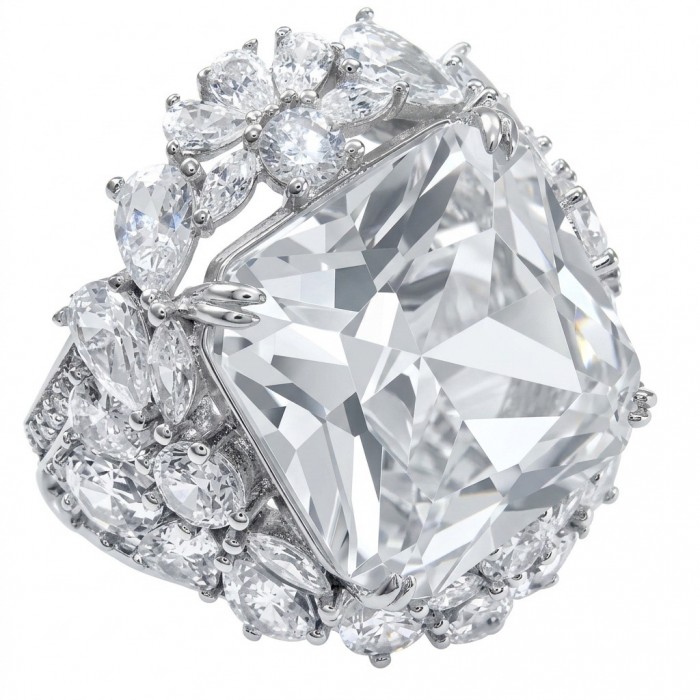 Asscher cut 25.2 carat White Topaz rhodium over .925 Silver handcrafted Cocktail Ring s. 7 1/4