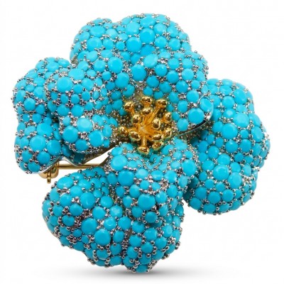 Retro Style - Precious Rose Genuine 24.2 carat pave Turquoise rhodium over .925 Sterling Silver handmade Pendant - Brooch